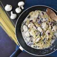 Mushroom and Halloumi Spaghetti in pan
