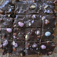 Mini Egg Rocky Road sliced on baking paper