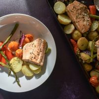 Salmon, potatoes and veg baked