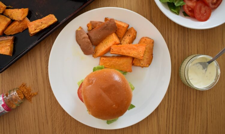top shot of halloumi burger with sweet potato