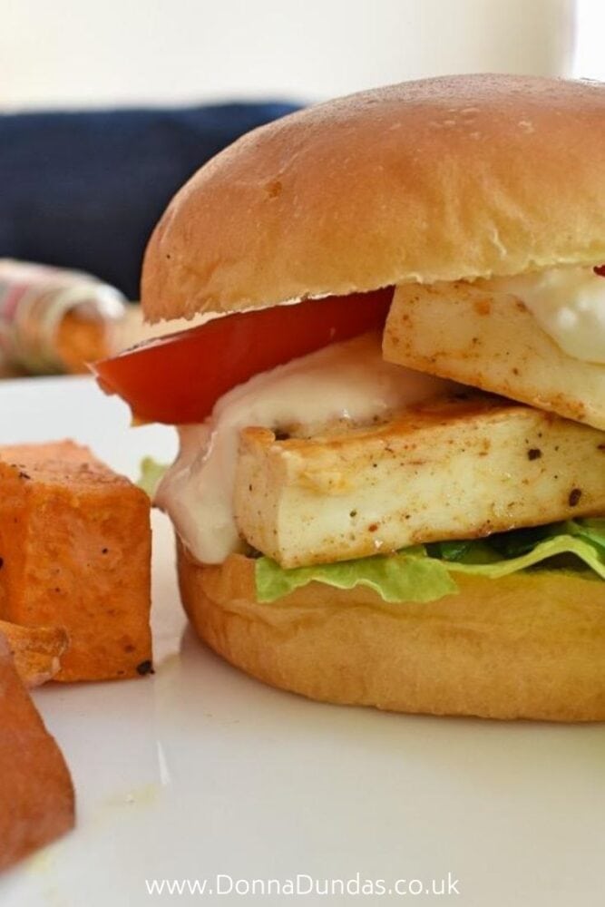 Close up of halloumi burger on plate