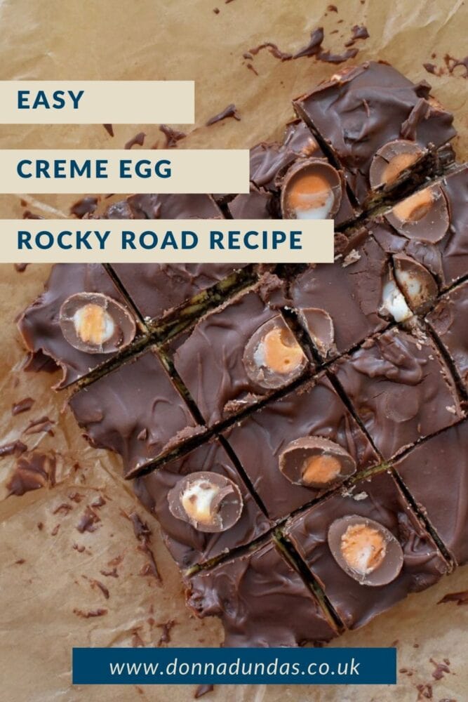 Creme egg rocky road chopped into squares on baking paper