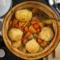 lamb and mint casserole in cooking dish ready to serve.