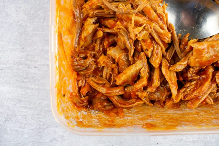 close up of pulled pork and BBQ sauce in plastic tub.