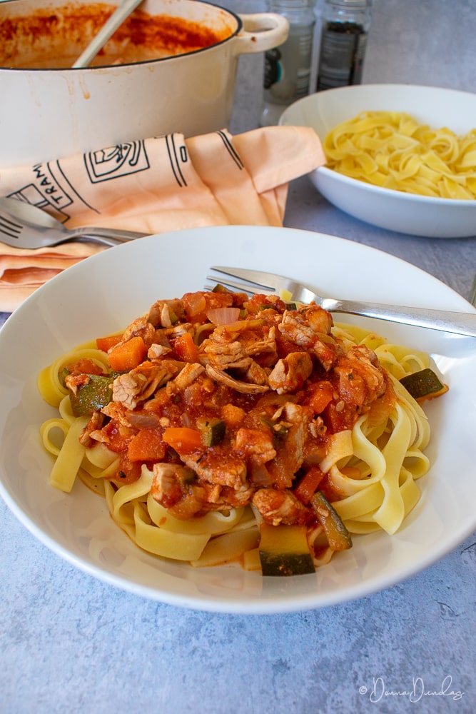 3/4 shot of served turkey pasta.
