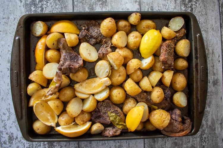 Lamb Chop traybake with lemon potatoes.