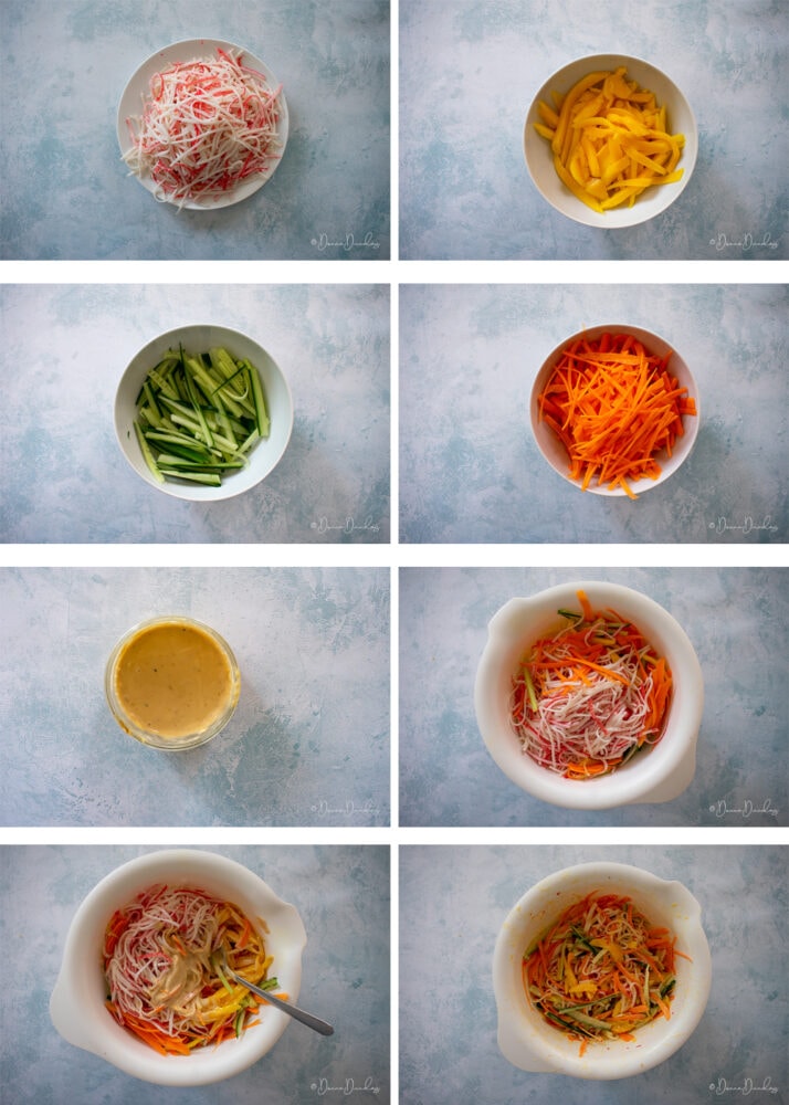 Kani salad process shots in gallery. Shredded fish sticks, sliced mango, cucumber, and carrots in separate bowls, kani salad dressing in small bowl, ingredients mixed together in mixing bowl.