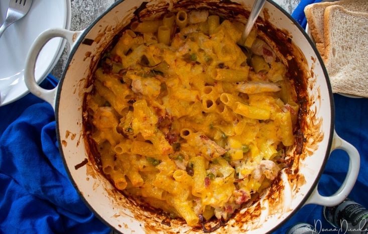 leftover turkey pasta bake in cast iron dish.