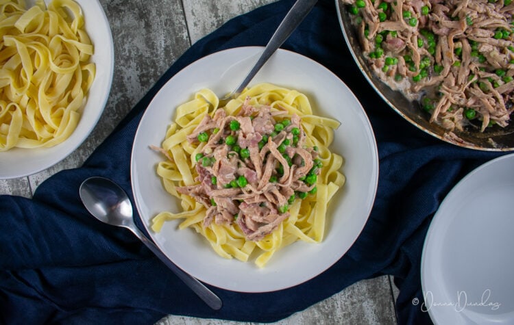 served pasta with turkey and cranberry in white pasta bowl. Cooking pan and bowl of pasta to the sides.