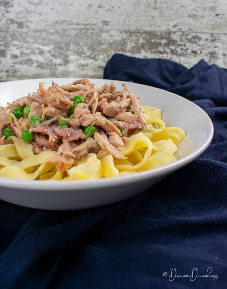 close up of served leftover turkey pasta in cranberry sauce in white bowl.