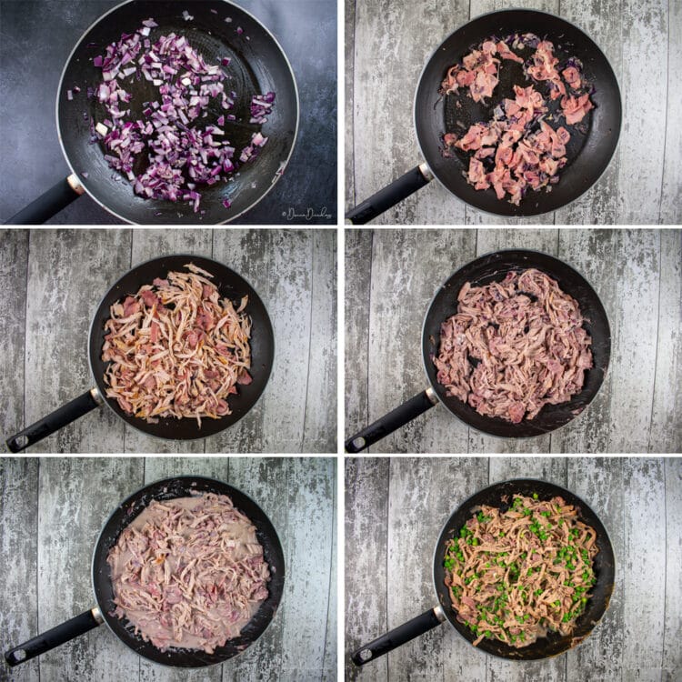 6 process shots for making leftover turkey pasta with cranberry sauce. 1. pan frying onions and garlic. 2. added bacon. 3. added turkey. 4. stirred in cheese and cranberry. 5. simmering in stock. 6. added peas and spring onions.