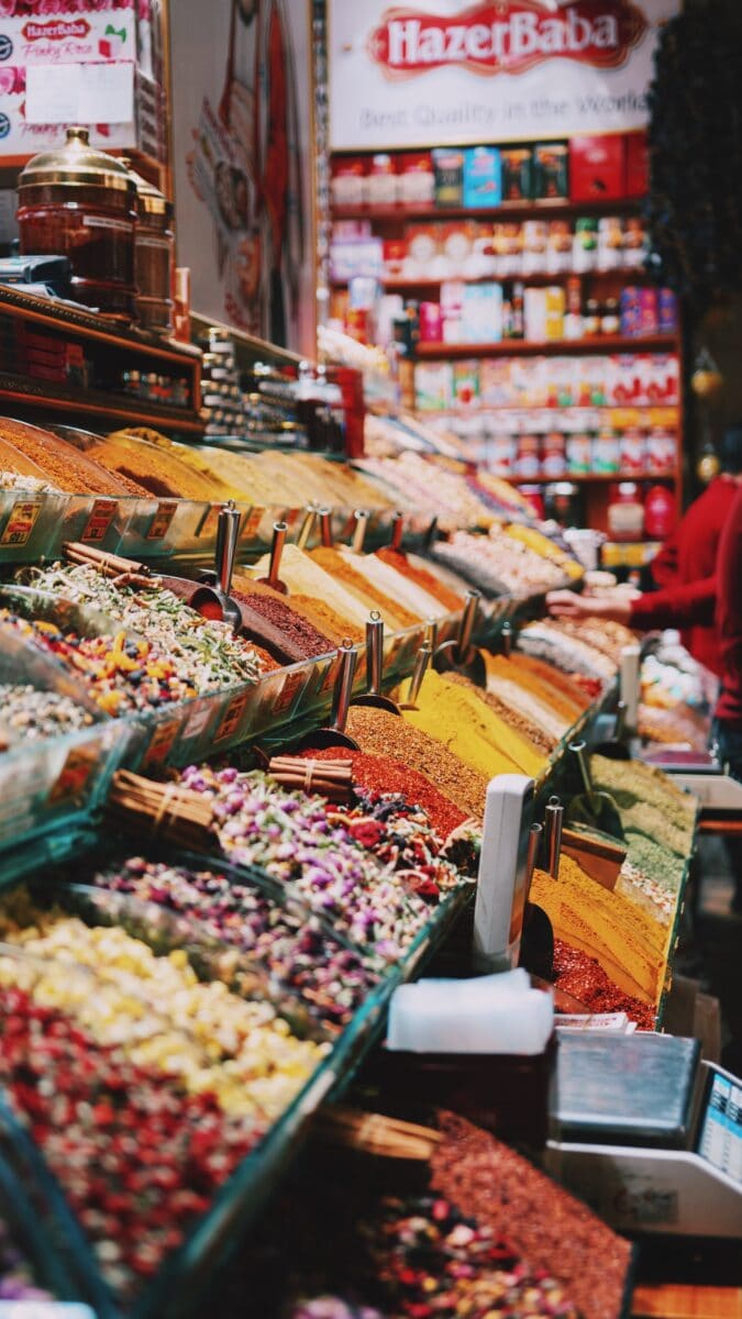 spices in dishes in market.