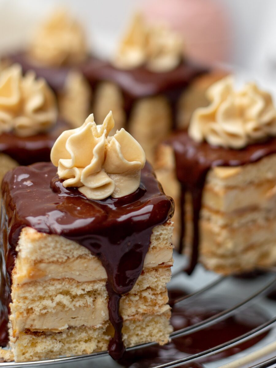 buttercream piped onto cake squares with chocolate sauce.