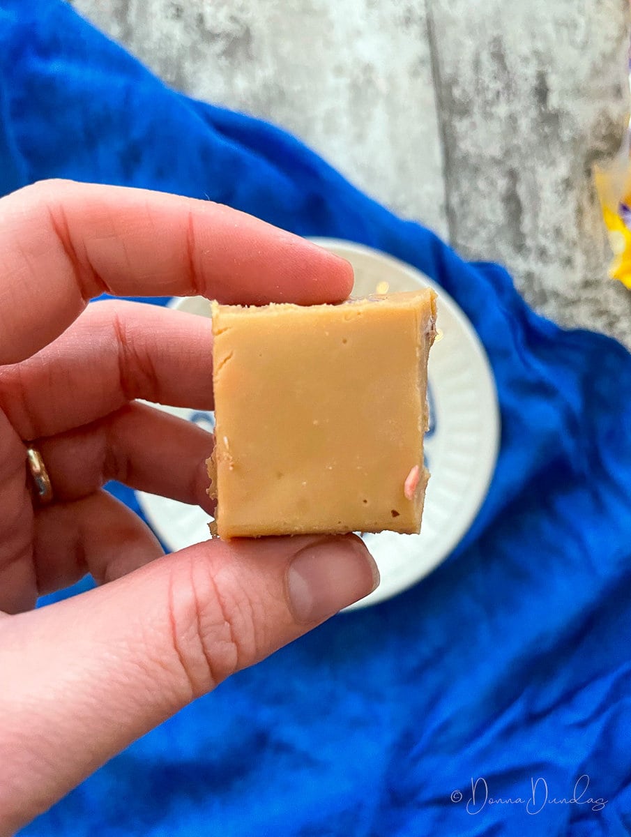 square of fudge being held up for the camera.
