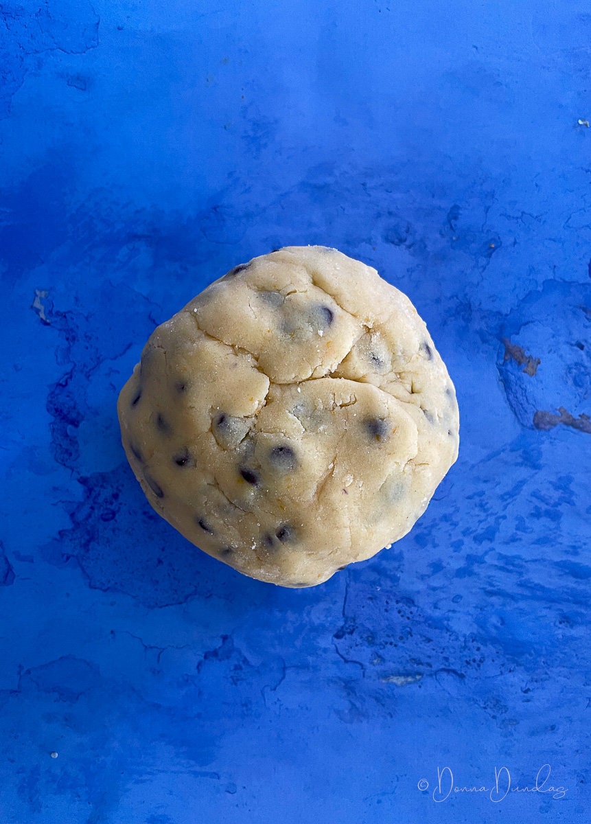 ball of chocolate chip shortbread dough.