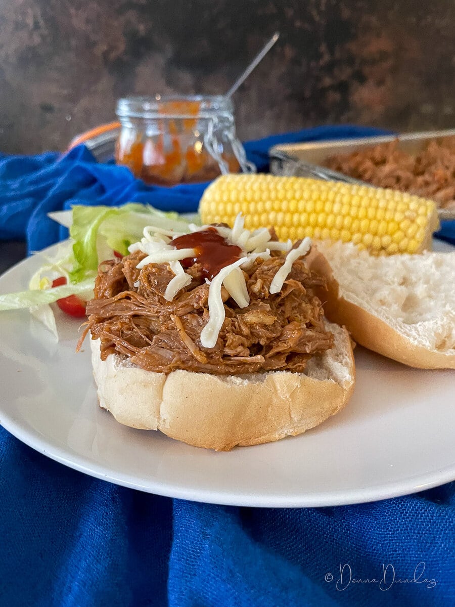 pulled pork on bread roll with grated cheese. Corn and salad also on plate, bbq sauce and tray of pork in background.