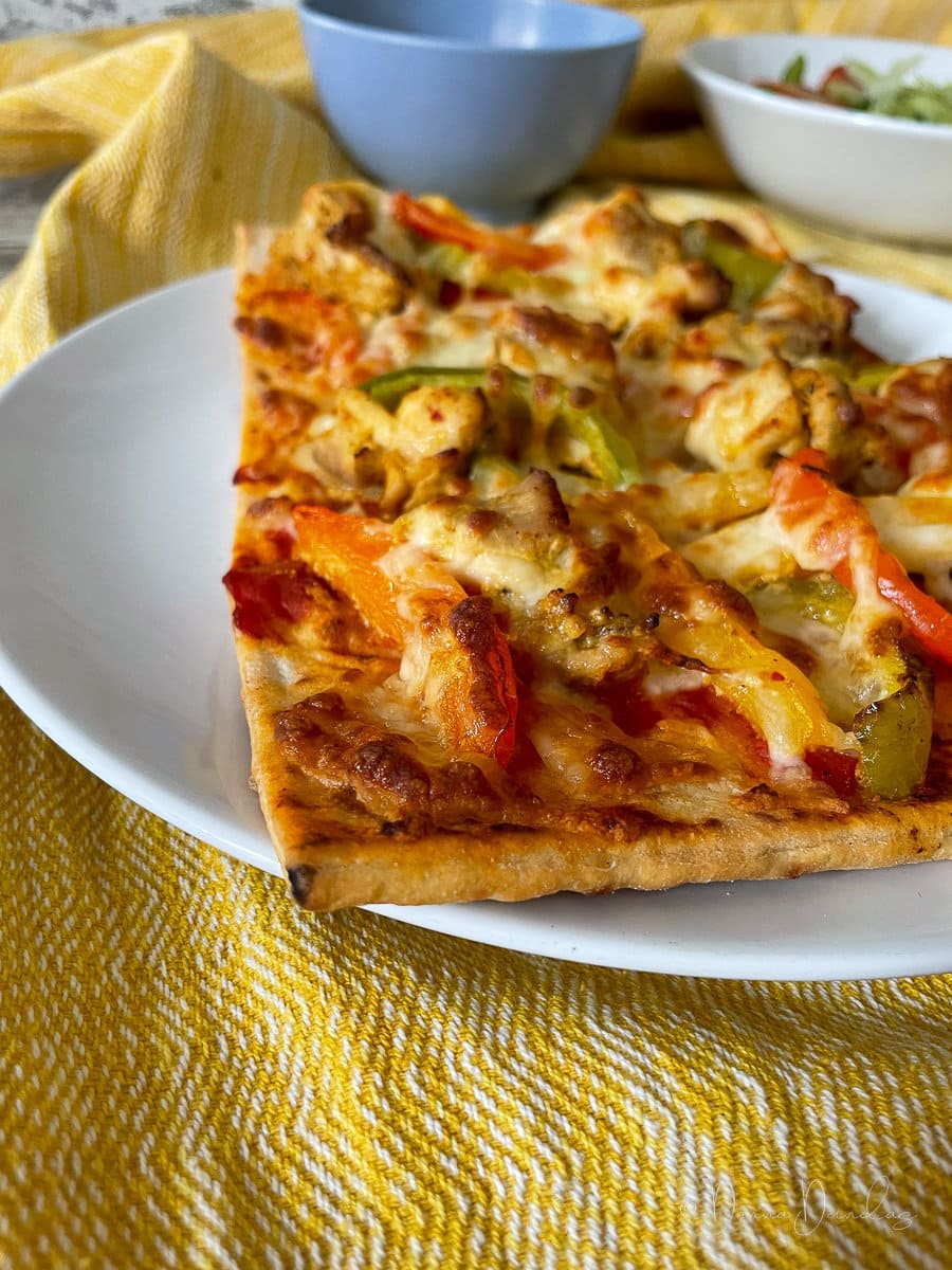 close up of pizza on plate.