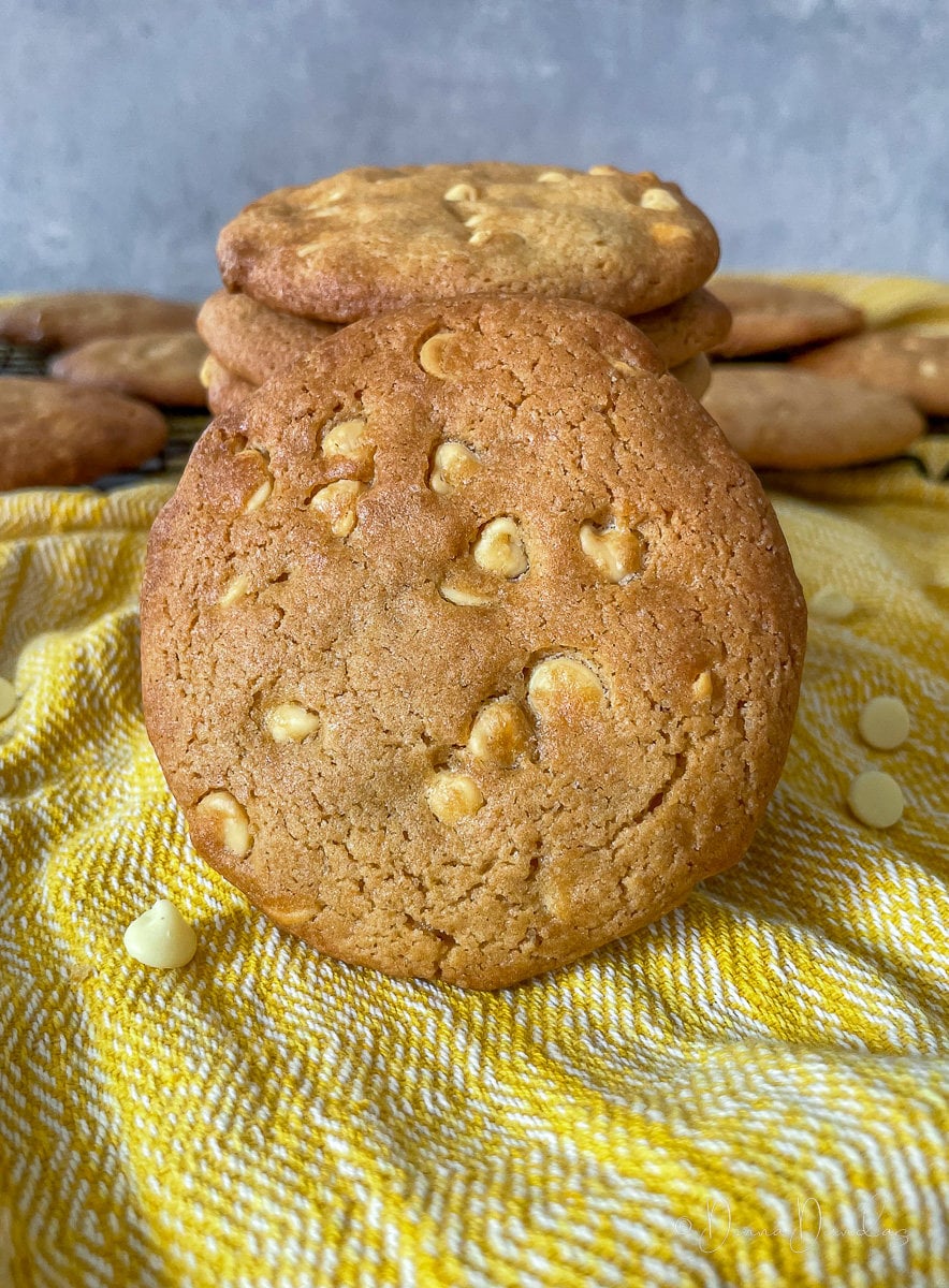 close up on cookie leaning against stack.