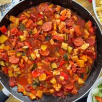 Halloumi and Chorizo Pasta in tomato sauce in frying pan.