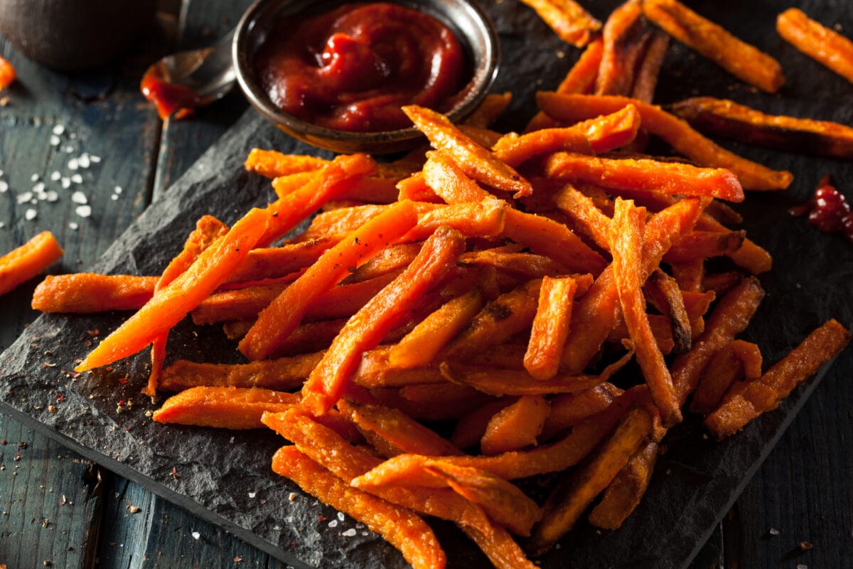 Homemade Orange Sweet Potato Fries with Salt and Pepper.