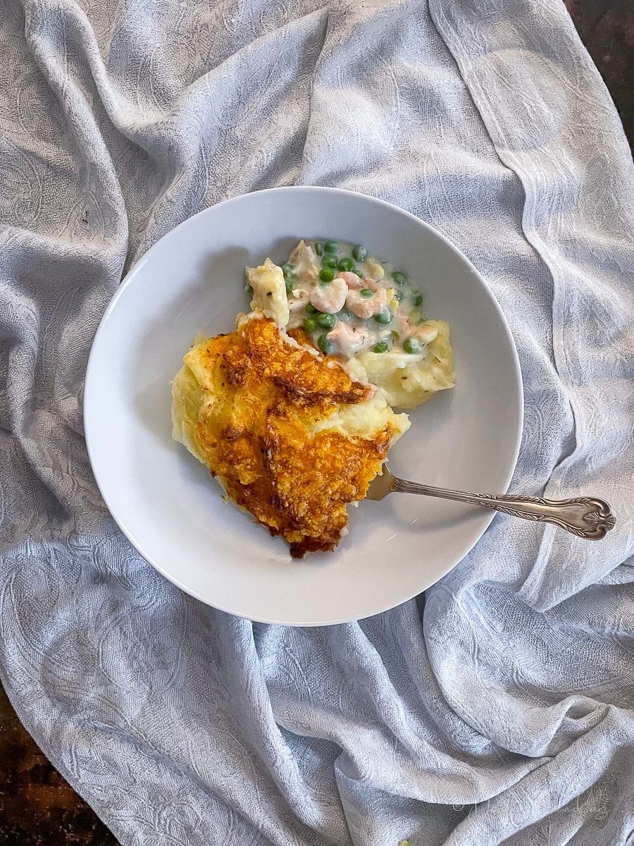 served portion of air fryer fish pie.