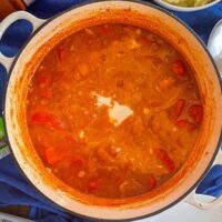 Chicken Goulash with Soured Cream in a large cast iron cooking dish.