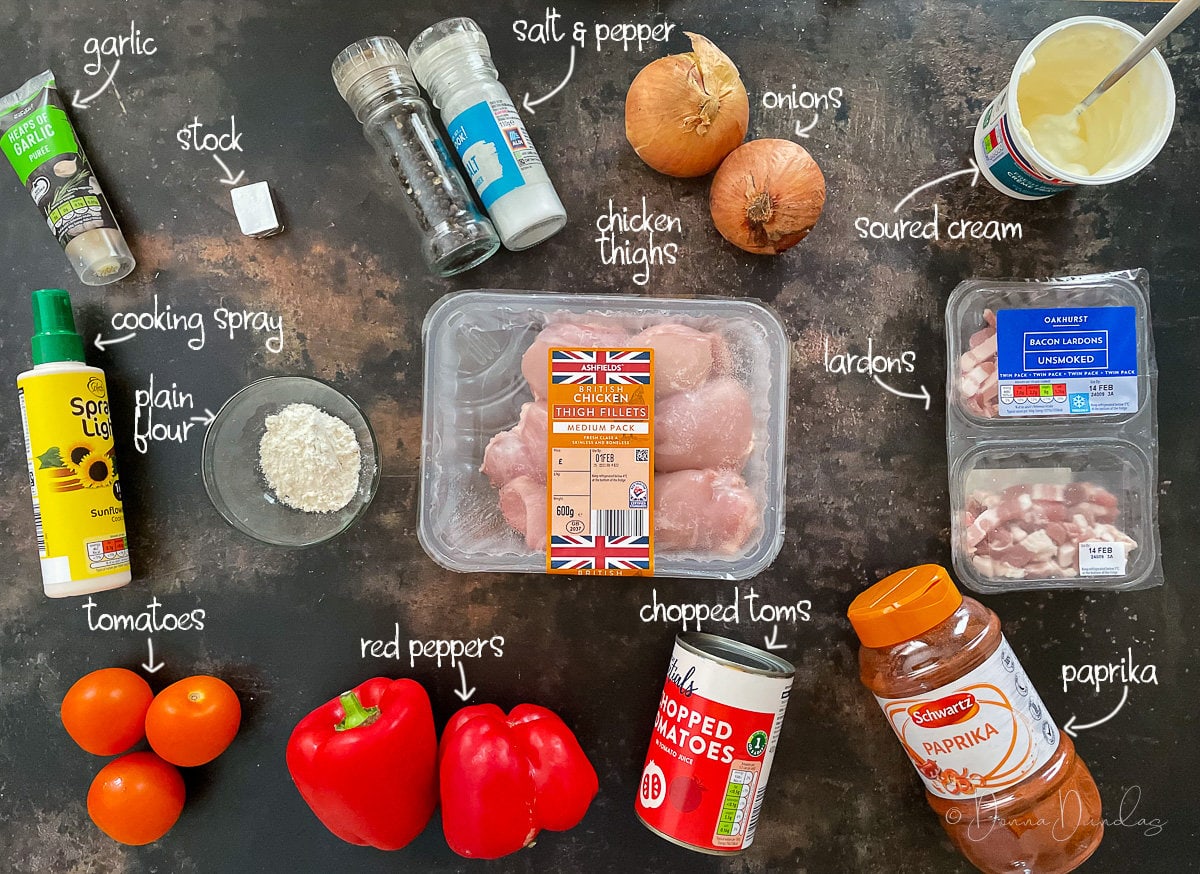 Ingredients for chicken goulash on table.