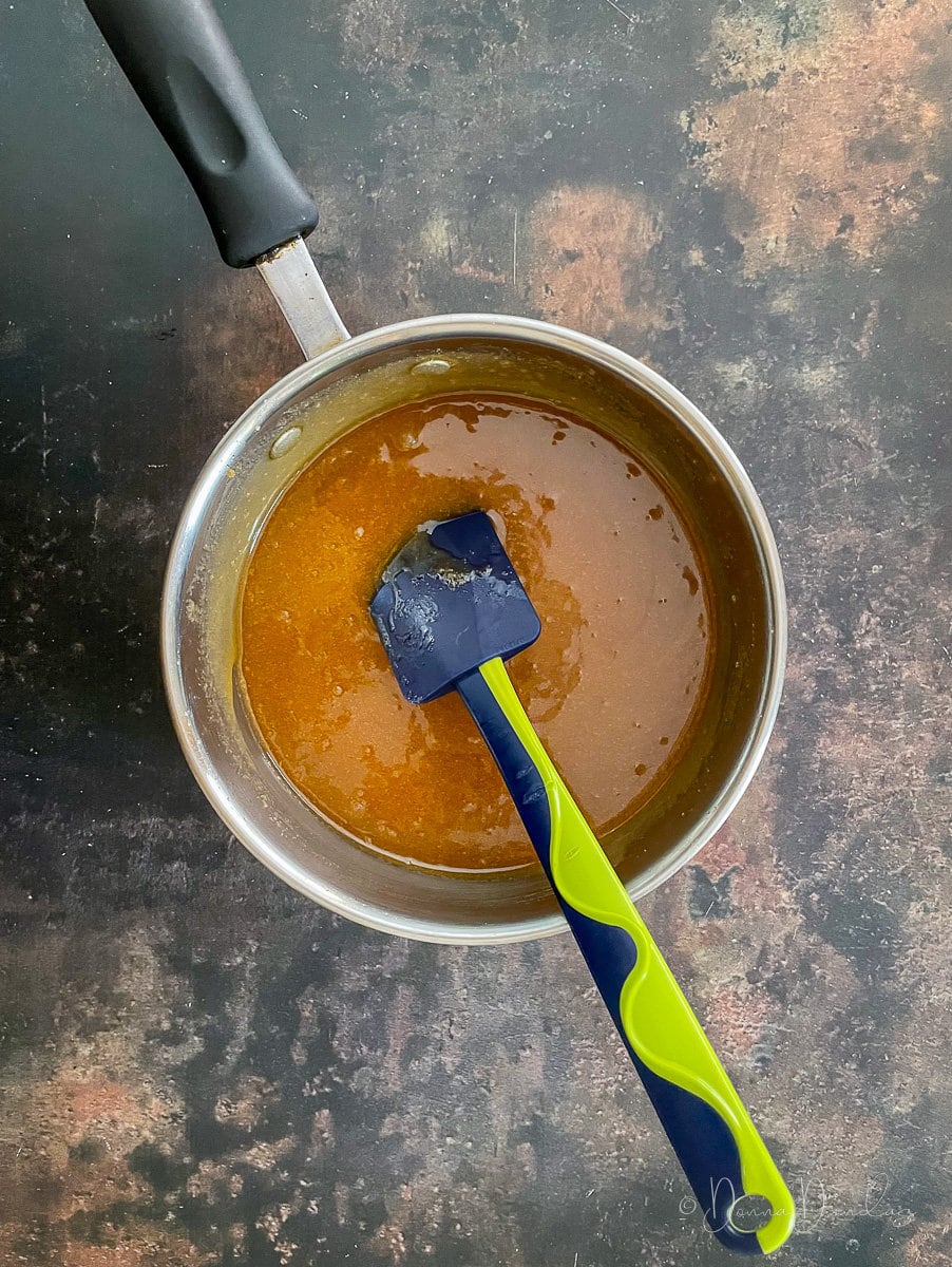 melted butter, sugar and syrup in pan.