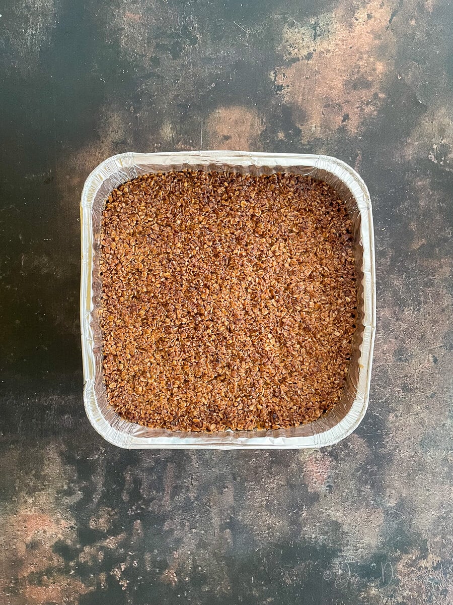 baked flapjack in foil tin.