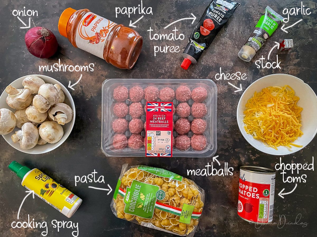 ingredients for meatball pasta bake on table.
