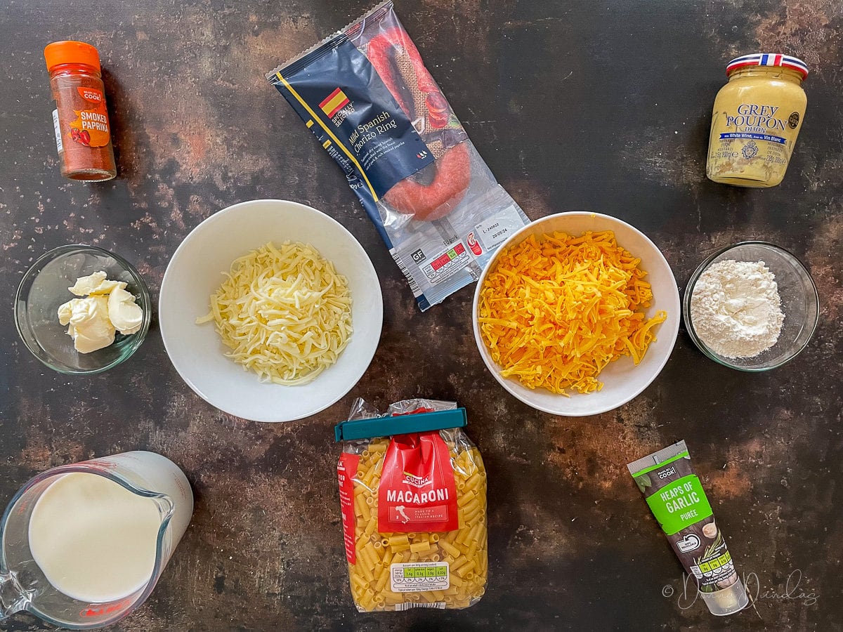 ingredients for chorizo mac and cheese on table.