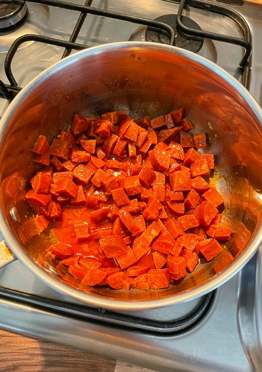 butter and diced chorizo in saucepan.