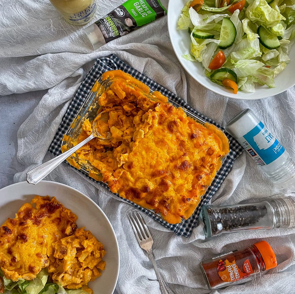 chorizo Mac and cheese with portion removed.