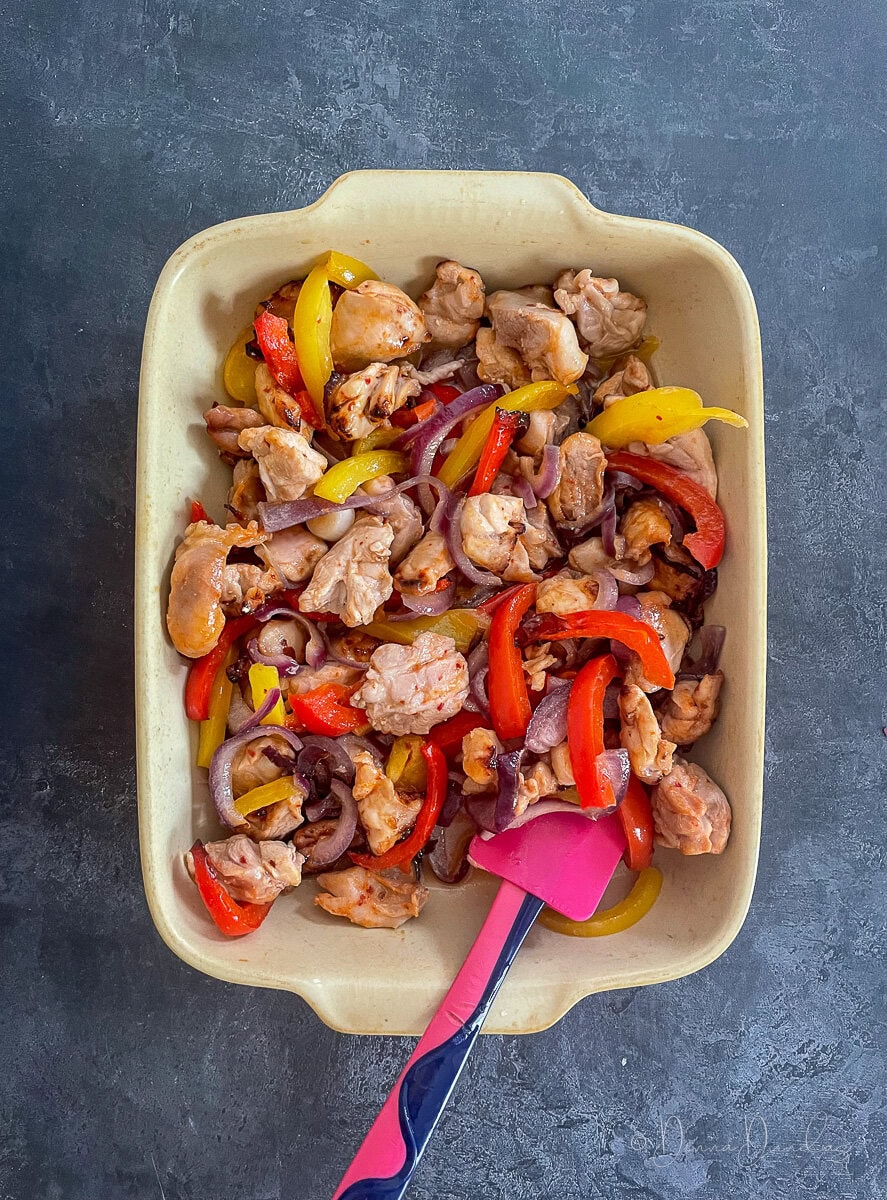 cooked air fryer honey chilli chicken in dish ready too serve.