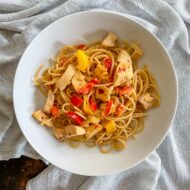 served portion of sweet chilli chicken pasta.