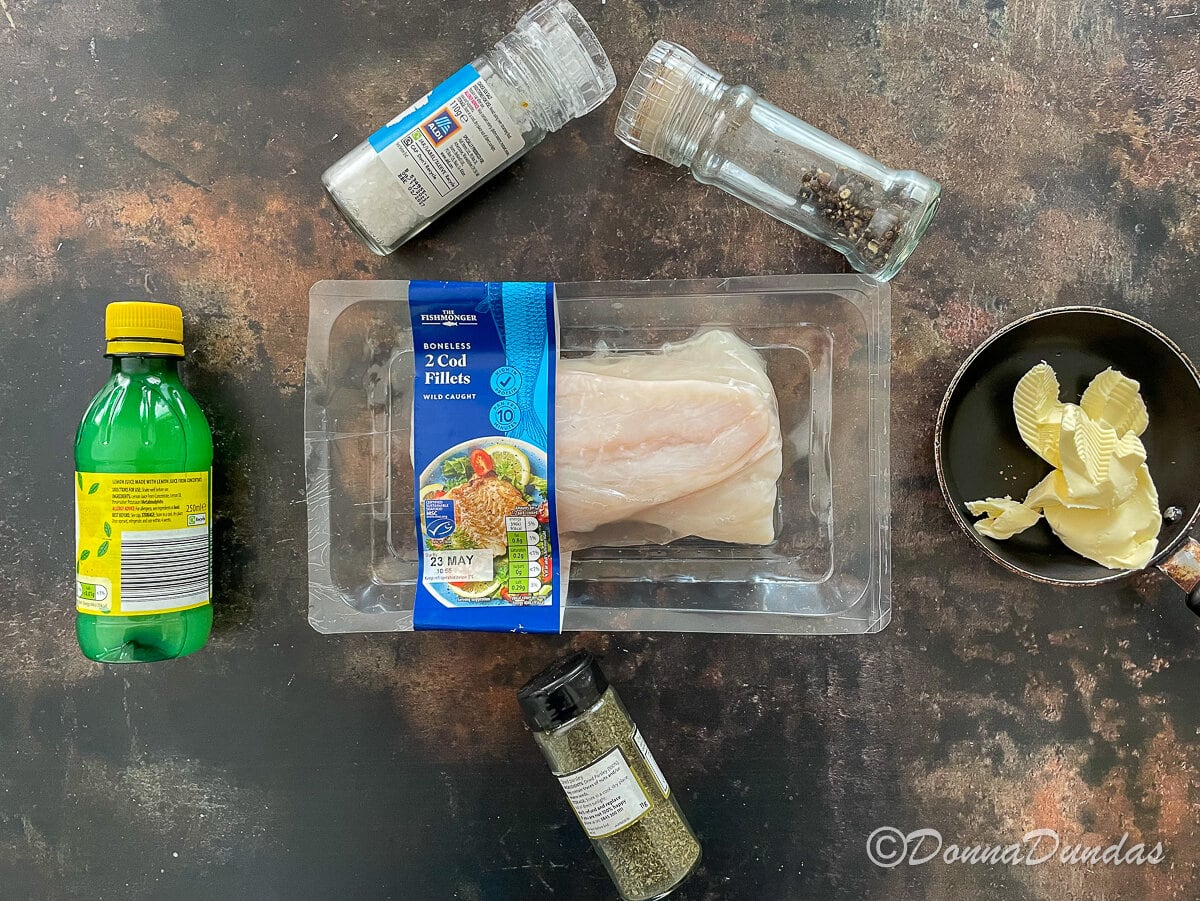ingredients for air fryer cod in lemon butter.