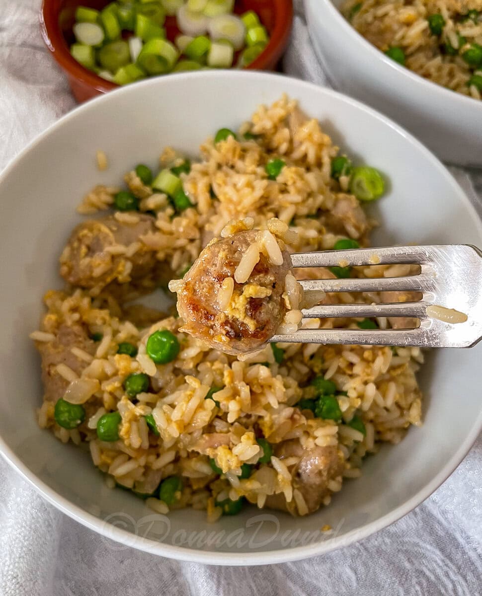 sausage fried rice in bowl, piece of sausage on fork.