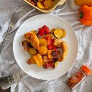 served portion of air fryer chicken traybake.