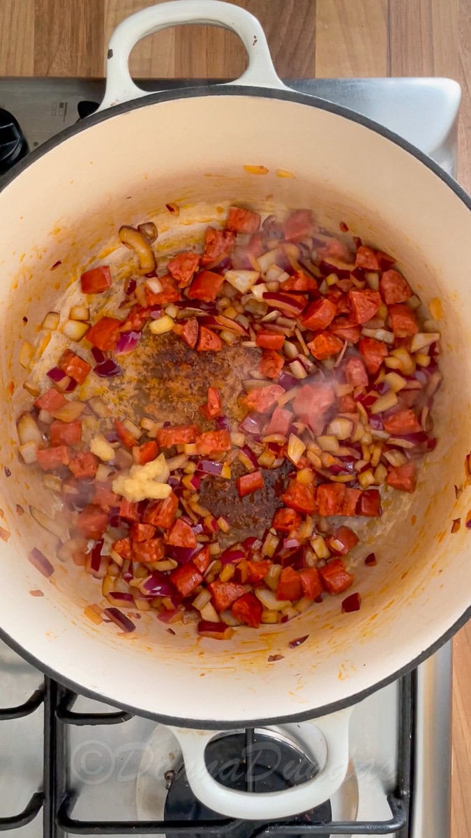 chorizo, onion and garlic puree in dutch oven.