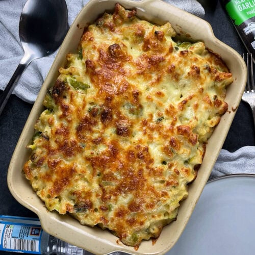 baked mac and cheese with sprouts.