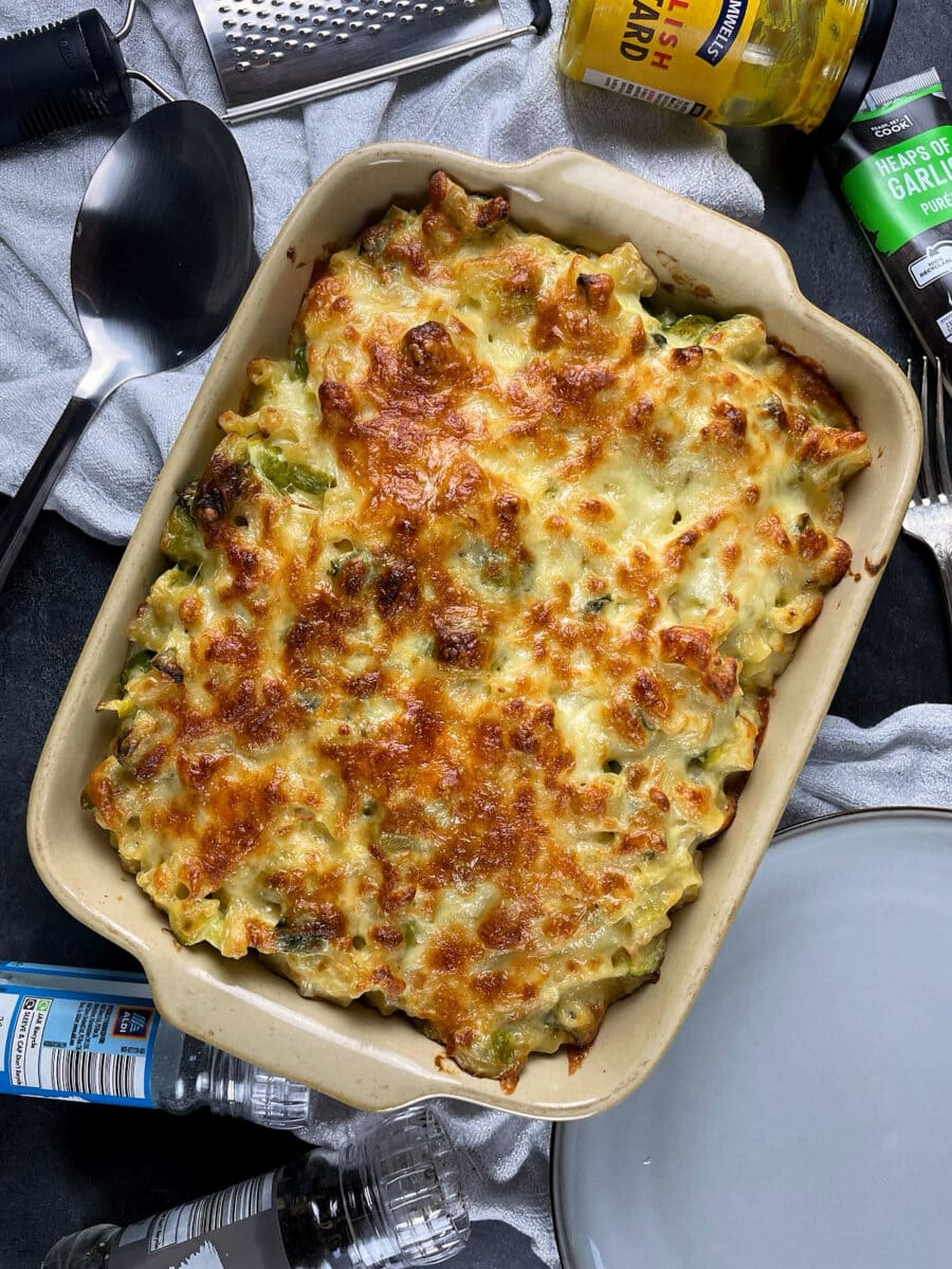 baked mac and cheese with sprouts.