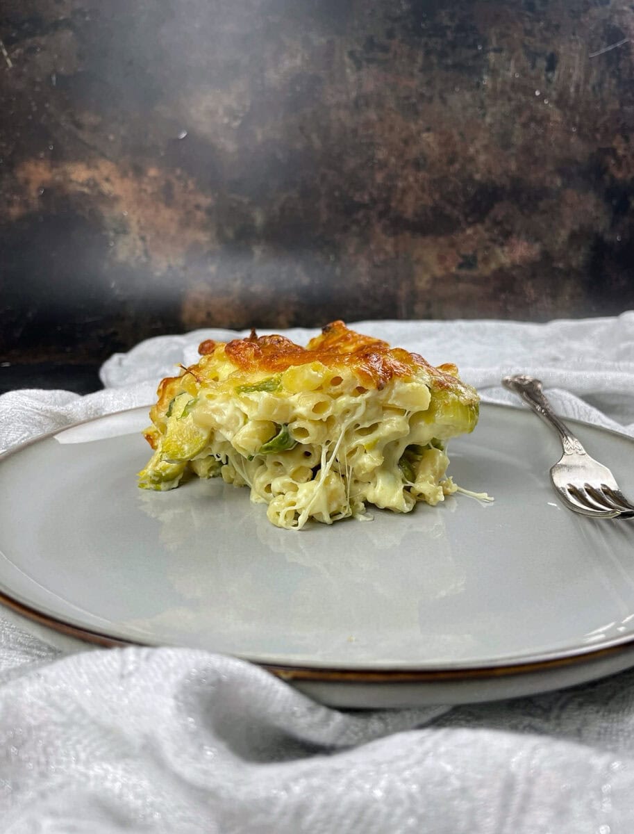 served portion of leftover brussels sprouts mac and cheese.
