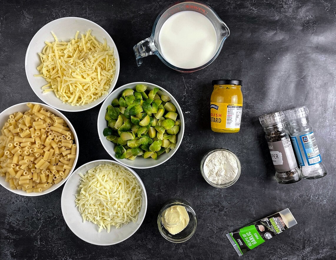 ingredients for mac adn cheese with leftover brussels sprouts.