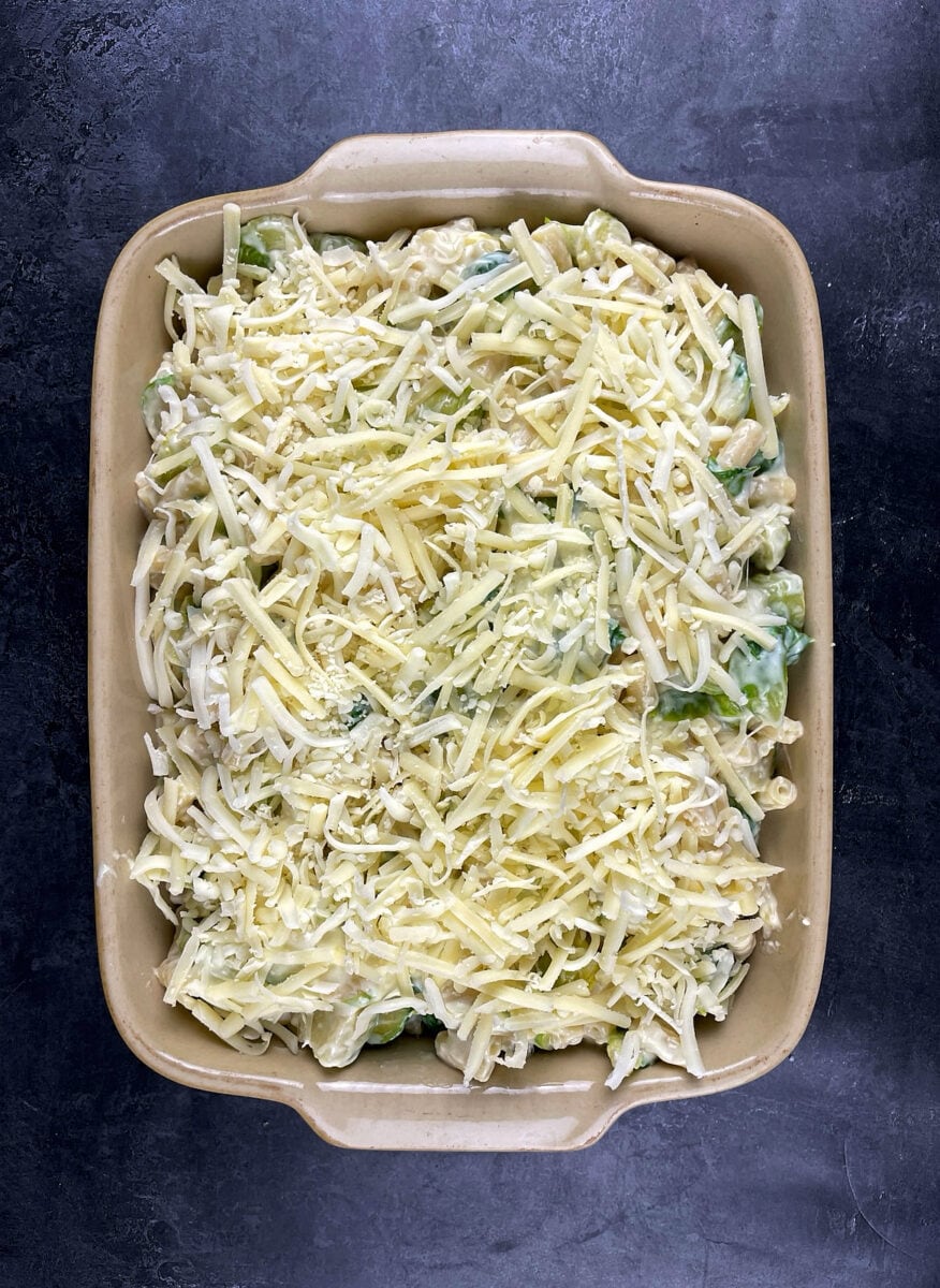 Sprout mac and cheese topped with grated cheese ready to go in the oven.