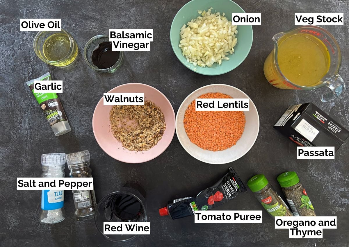 Ingredients for lentil bolognese on table.