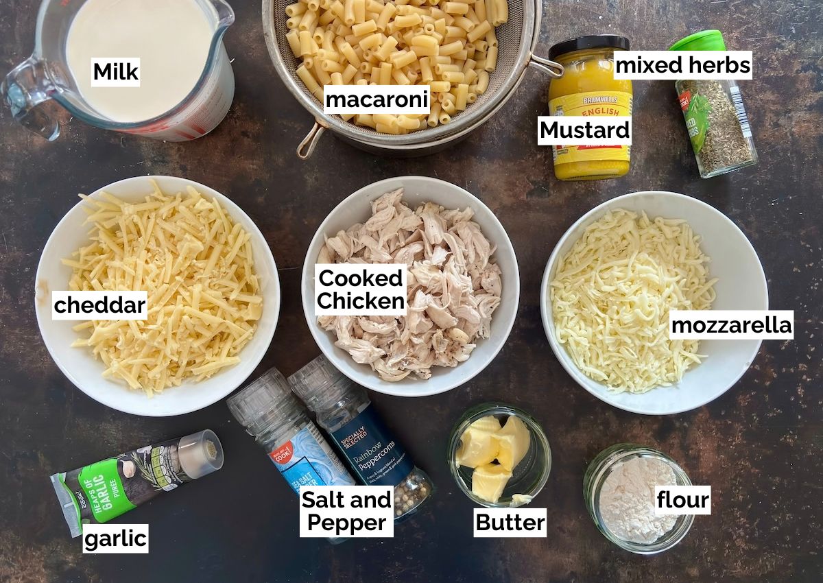 Chicken mac and cheese ingredients.